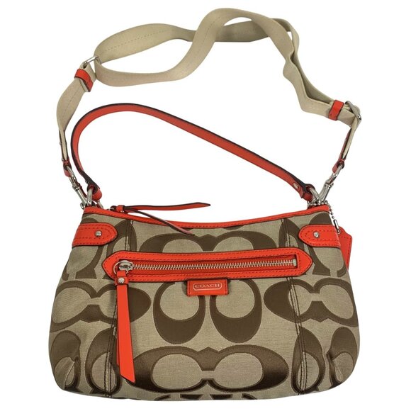 COACH Signature Canvas Orange Leather Shoulder Crossbody Bag w/ Tag F24063 EUC - Picture 2 of 16